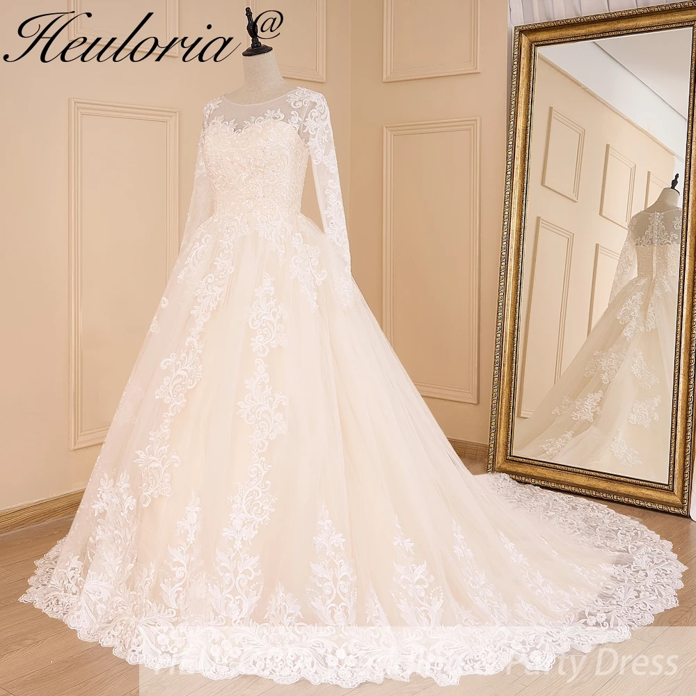 HEULORIA Princess Ball Gown Wedding Dress long sleeve bride dress O neck plus size robe de mariee Lace beading  Bridal Gown