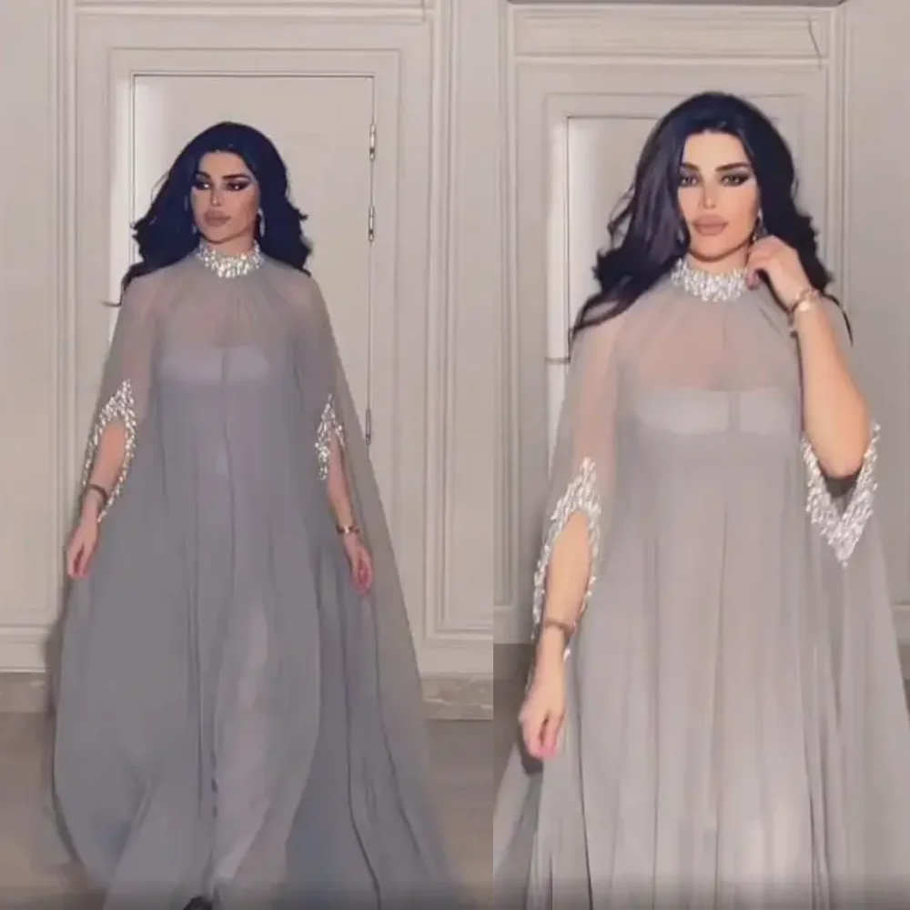 

Exquisite High Collar A-line Evening Dresses Paillette / Sequins Tulle Stole Chiffon Floor length Prom vestidos فساتين