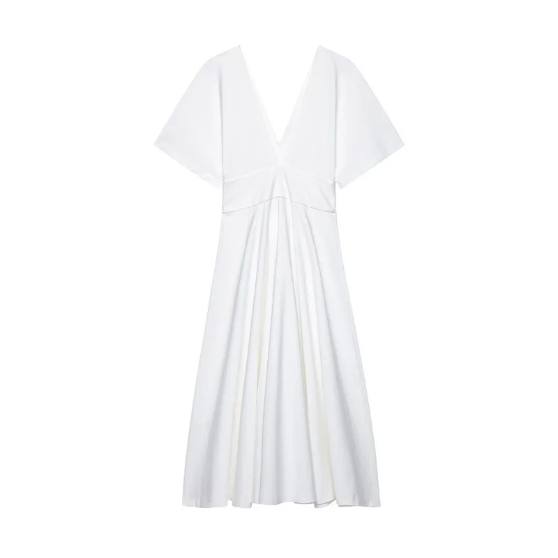 Summer New ort Sve Midi Dr Button Decorated Fork Sve V-Ne Cleanfit High Waist Polyester Fiber Ciwalk Dr