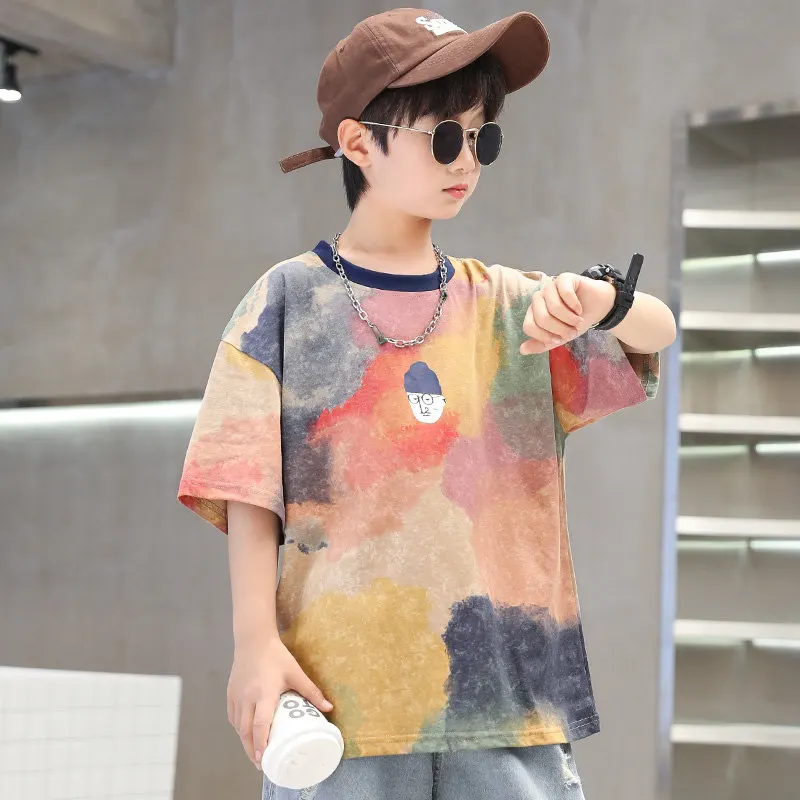 Kids Summer Tie-Dye Cool Boy Casual Tops Print Trendy Children T-shirt Short Sleeve Teenager Tees Cotton Tshirt 4-14 Years Old