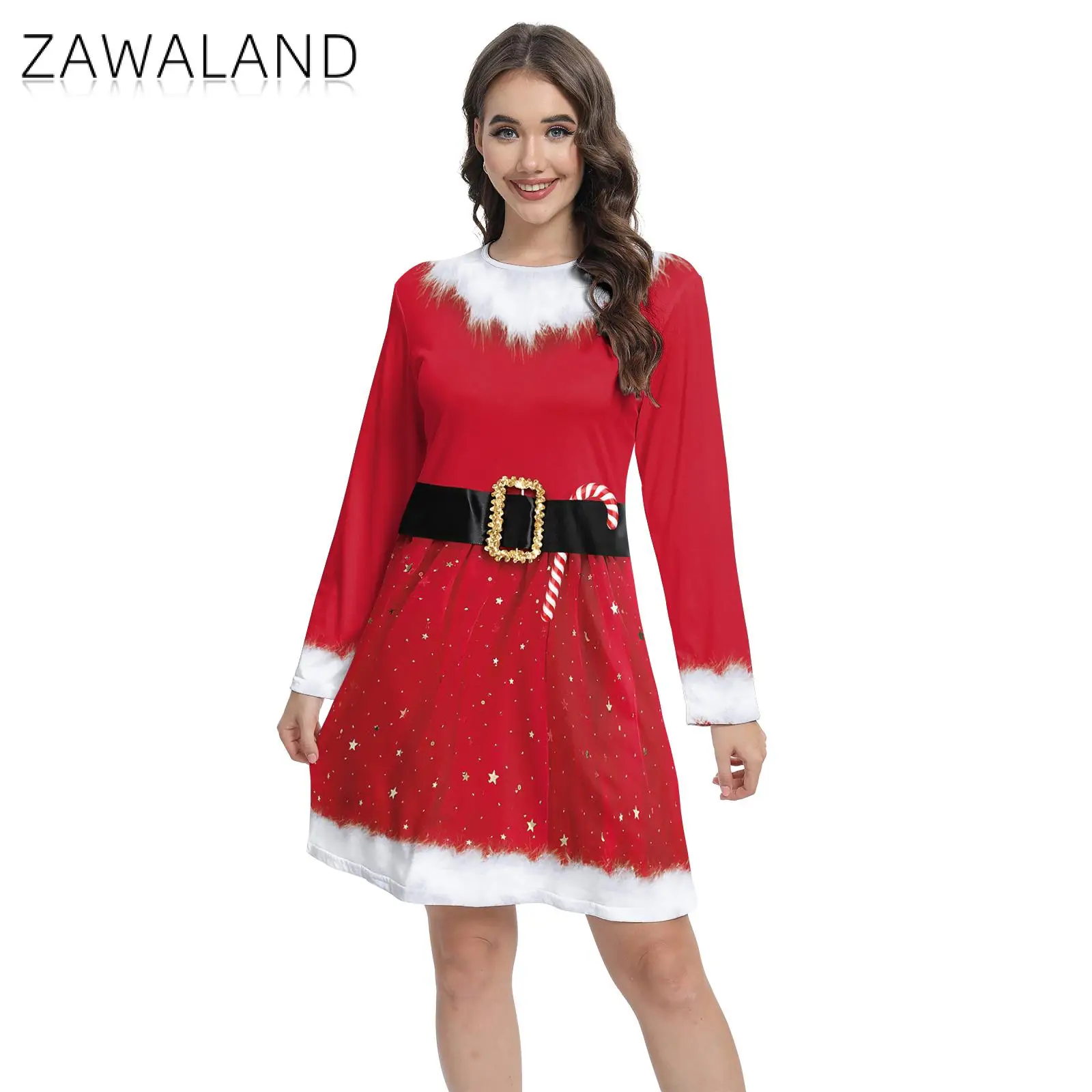 Zawaland-Costume de cosplay du père Noël pour femme, robe imprimée en 3D, robe à manches longues, fête de carnaval, habillage de Noël, vêtements pour femmes