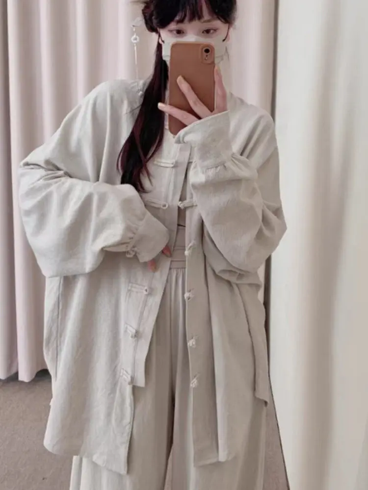 New Chinese Style Women's Windbreaker Jacket Tai Chi Cotton Linen Set Zen Inspired Tang Costume Top Long Sleeve Stand Collar
