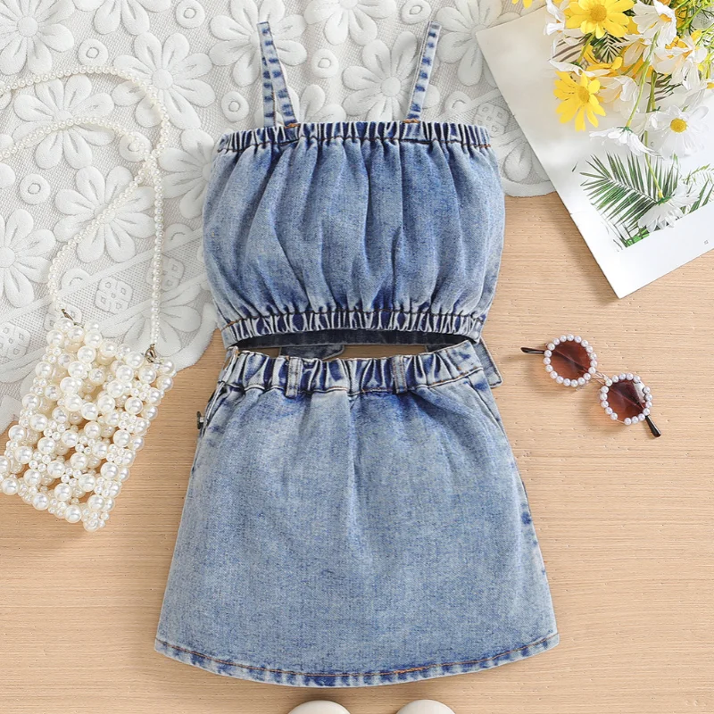 Fashionable Girls' Denim Set Spring/summer New Bow Strap Top Short Skirt Stage Walk Fashion Two Piece Set for 1-5 Years