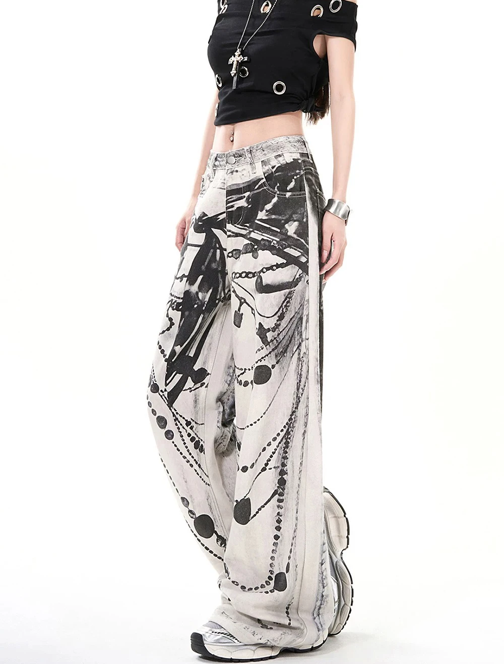 Y2K Jeans a gamba larga stampati da donna retrò Pantaloni larghi estivi a vita alta stile street americano con design dimagrante a gamba dritta