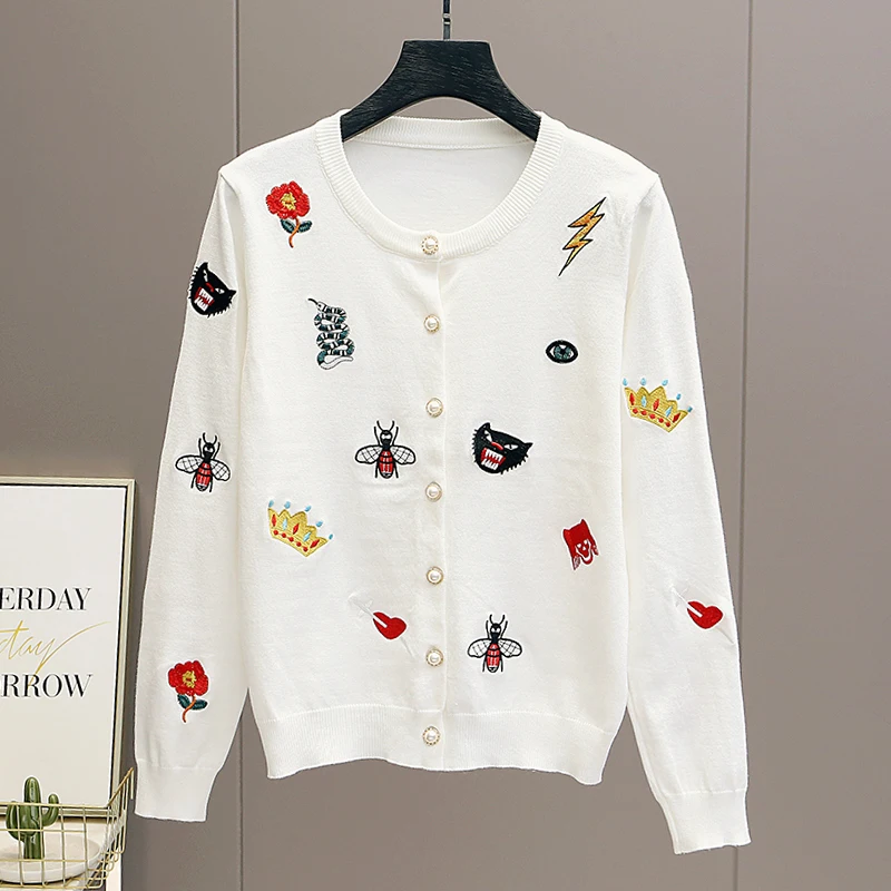 Streetwear Vintage Korean Style Cute Embroidery Knitted Cardigan Women\'s Jacket Sweater