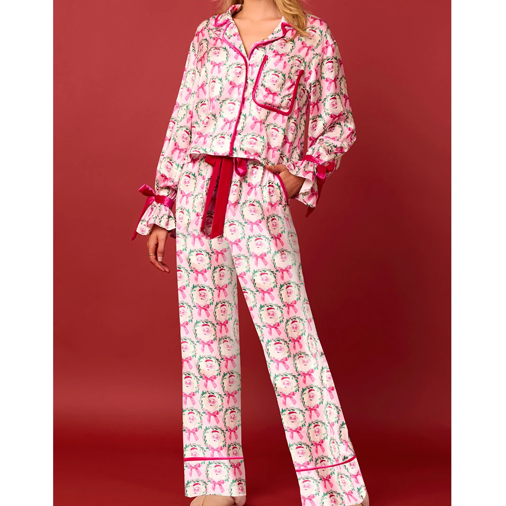 Women 2 Piece Christmas Pajamas Set Bow Tie Santa Claus Long Sleeve Button Shirts Wide Leg Pants Cute Pjs Sets Xmas Sleepwear