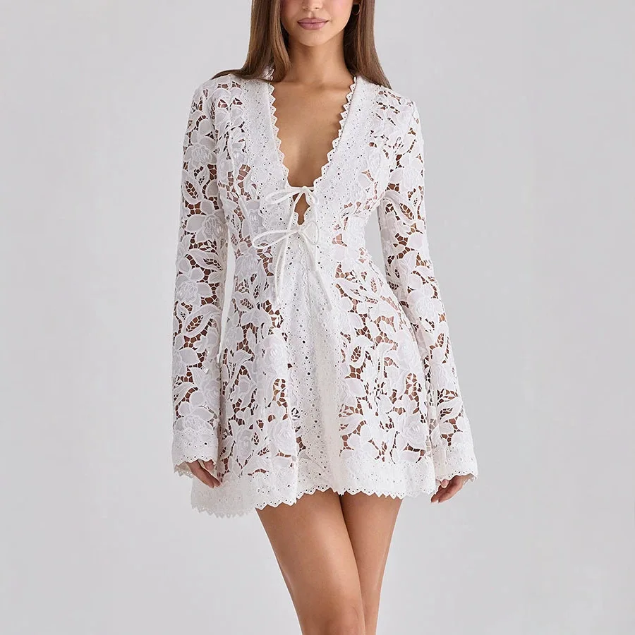 New Bohemian Crochet White Knitted Women's Deep V-neck Lace Dress With Drawstring Horn Long Sleeved Hollow Slim Fit Short Skirt