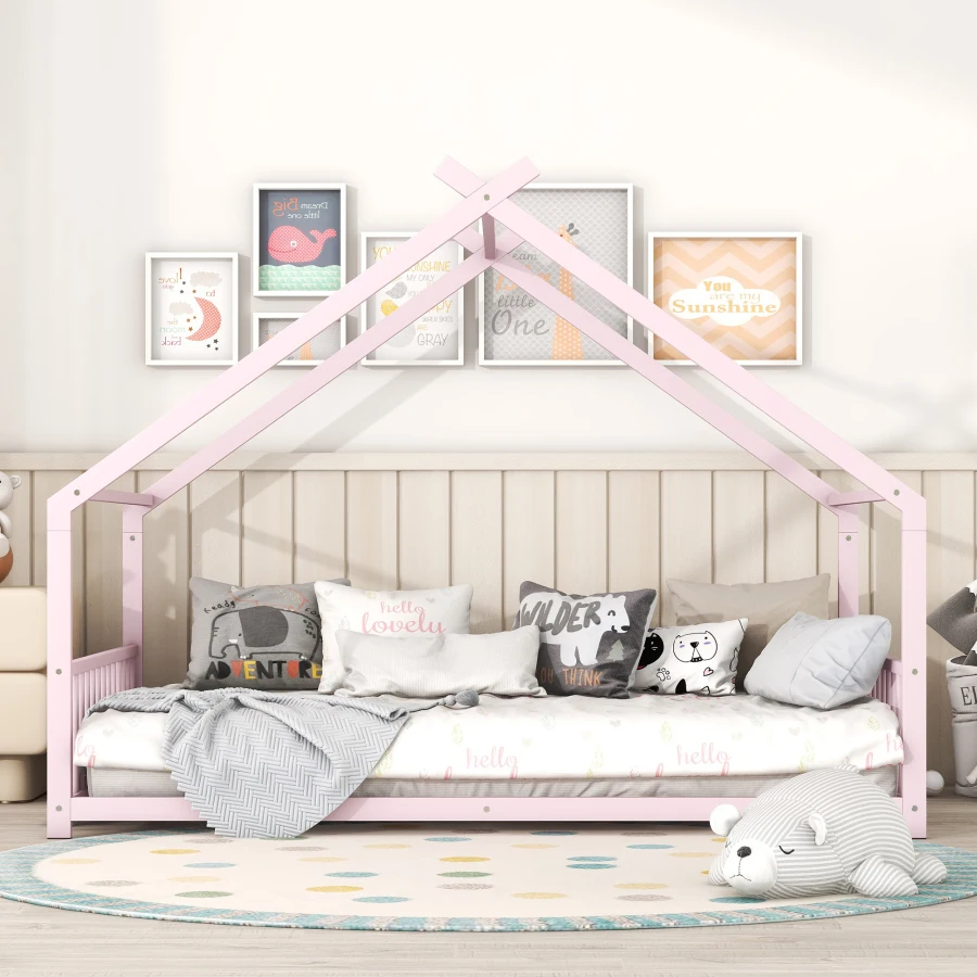 Full Size Metal House Bed, Pink Mattress Support
