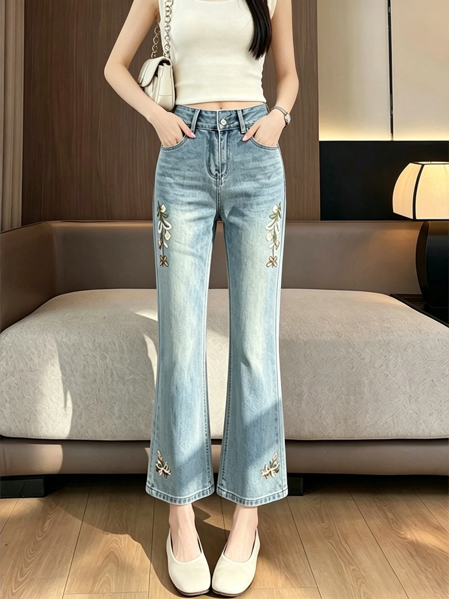 Retro Floral Embroidery Flared Jeans Women's High Waist Loose Slimming Nine-Piece Summer New Design Sense Jeans