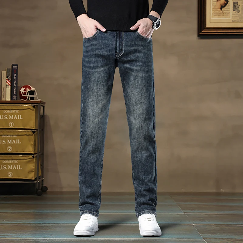 

Высококачественные мужские джинсы, осенние и зимние прямые легкие деловые мужские трендовые узкие брюки против морщин