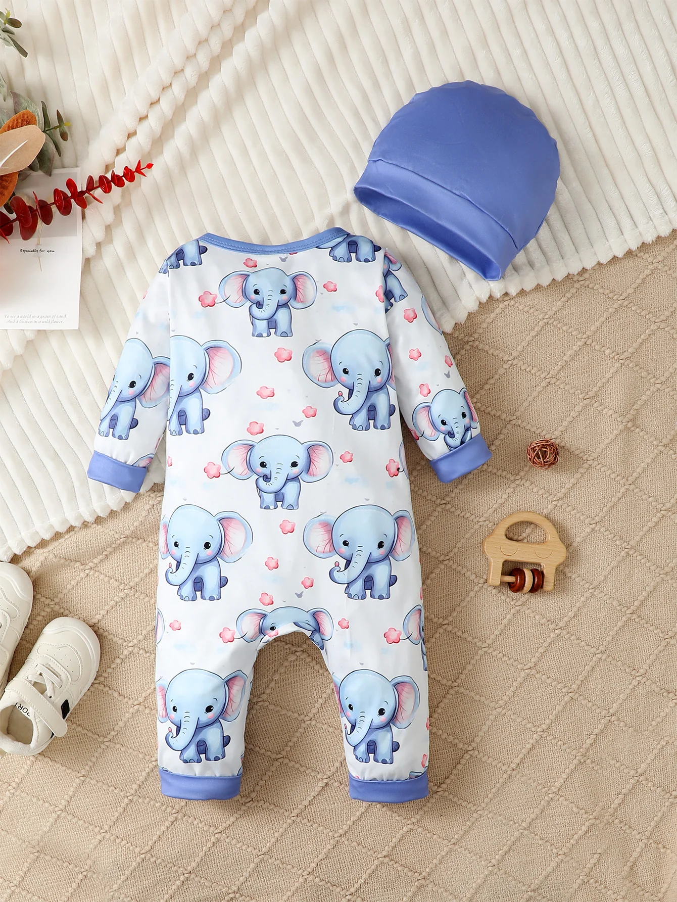 1-24M baby boy fun cute elephant pattern print soft tie feet long sleeve romper with hat Spring and autumn