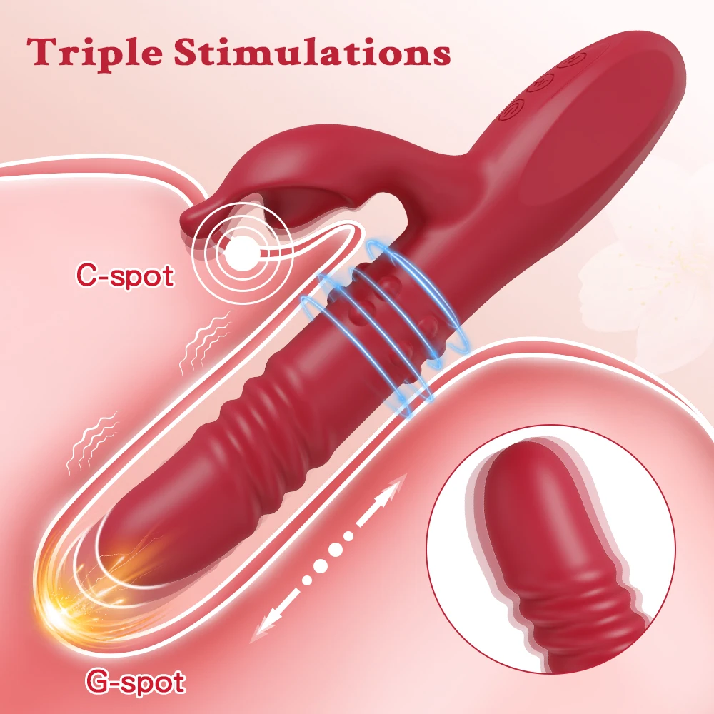 Thrusting Dildo 4 In1 Rabbit Vibrator For Women Powerful G Spot Rotating Clitoral Nipple Stimulator Adults Sex Toys Masturbator