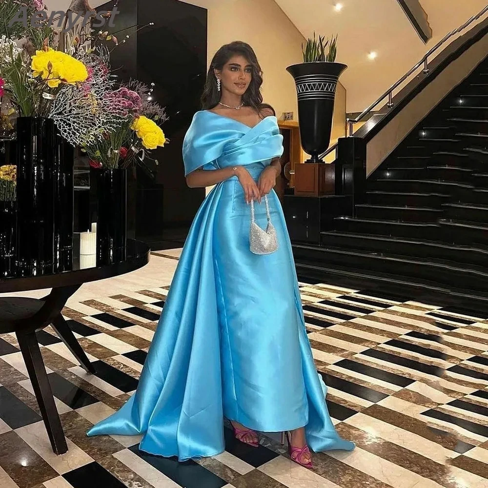 

Aenyrst Blue Sheath Midi Prom Dresses Saudi Arabic Off The Shoulder Pleats Evening Dress Formal Occasion Party Bridesmaid Gown