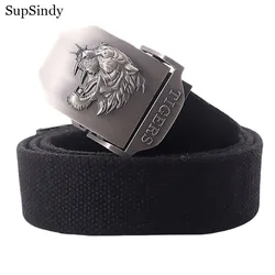 SupSindy Men Canvas Belt Tiger Metal Buckle Army Military Tactical Belts for Men Jeans Outdoor Training Soldier Strap Male Black