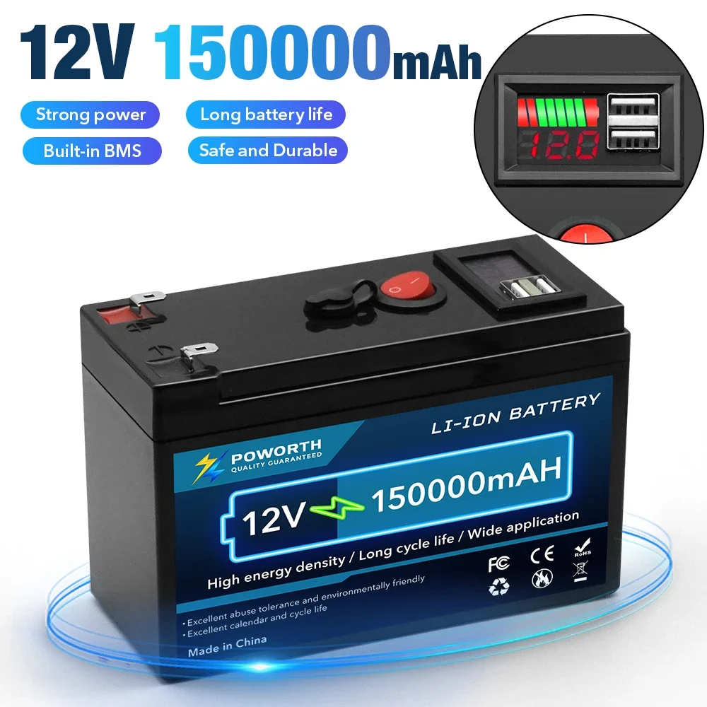 12V 150Ah Lithium Battery Deep Cycle with Built-in Smart BMS fit for Home Storage RV Off-Grid System Solar Power System Marine