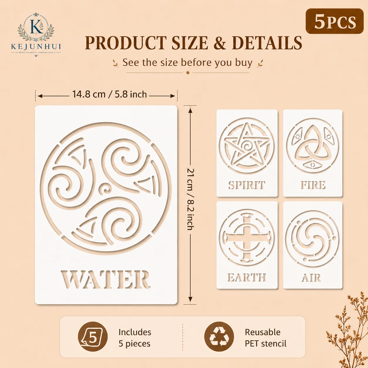5Pcs A5 5.8x8.2in Five Elements Stencils Reusable PET Stencils for Painting Spirit Fire Water Earth Air Wall Wood Fabric Decor view 3
