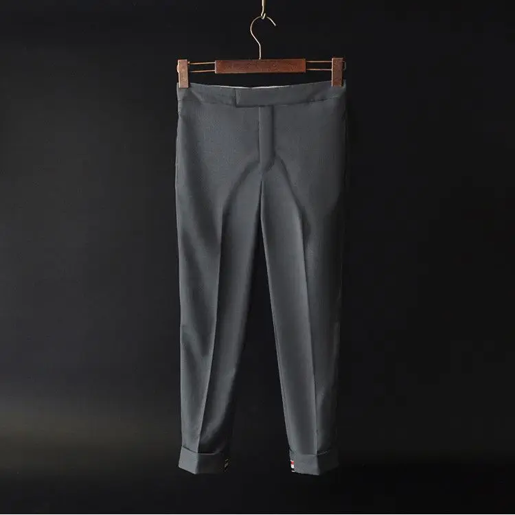 

Korean style tb summer wrinkle resistant cropped pants for men's slim fit, non ironing suit pants, casual small leg long pants