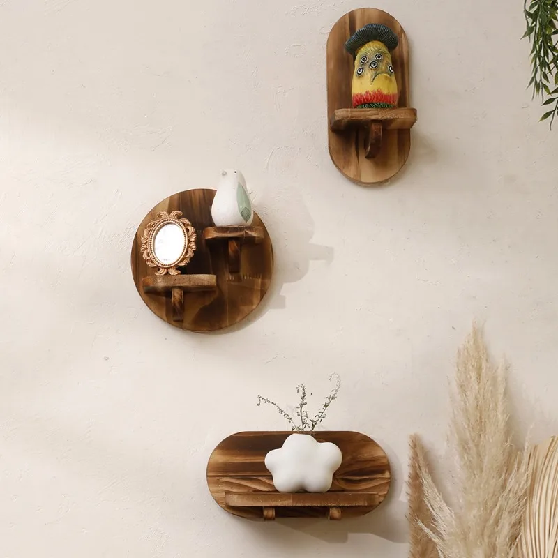 Rustic Elliptical Wood Wall Shelf Handmade Burned Finish Decorative Storage Display for Living Room Bedroom Home Decoration