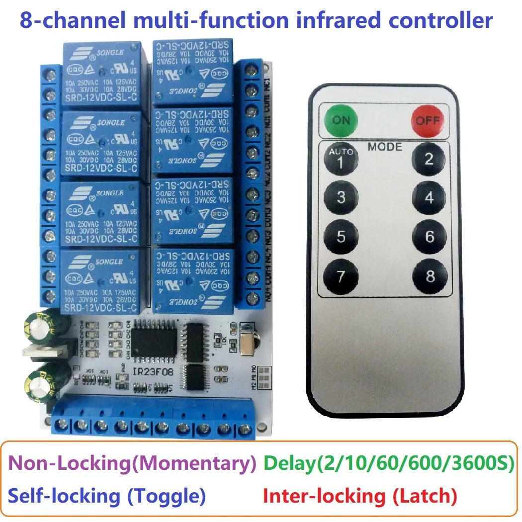 IR23F08 DC 5V 12V 8 Channel Multi-Function Infrared Remote Control Relay Module Four ModeS NPN Trigger Time Delay Relays New