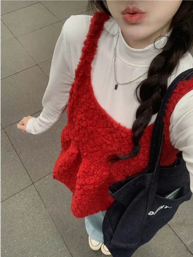 Ensemble de vêtements d'hiver pour femmes, haut rouge, taille haute, élastique, manches longues, col rond, coupe ample, style coréen, décontracté