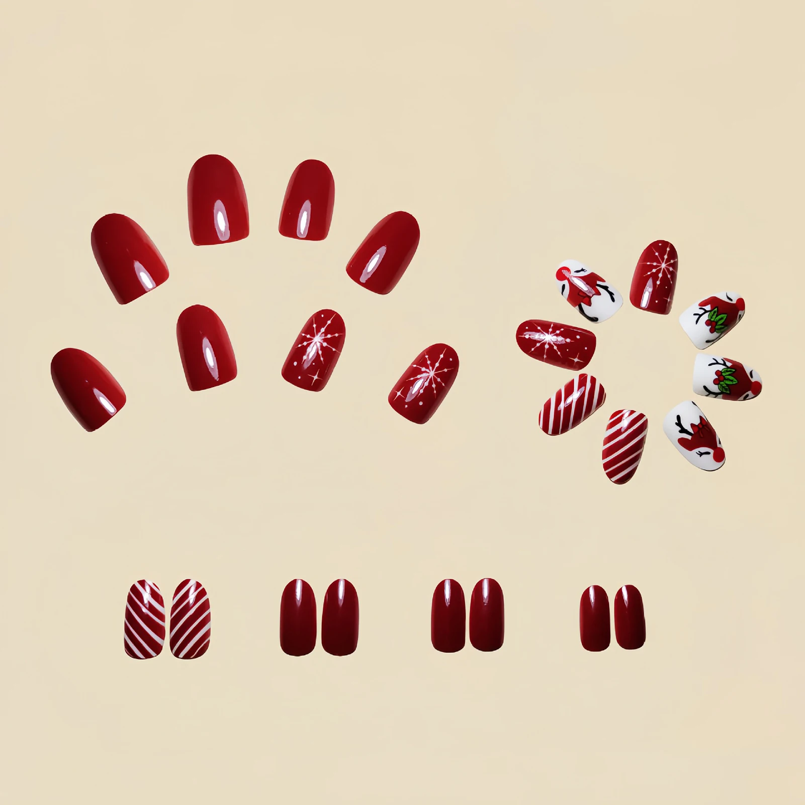 Christmas Red False Nails with Elk Printed Odorless Provides a Comfortable Experience for Daily and Parties Wearing