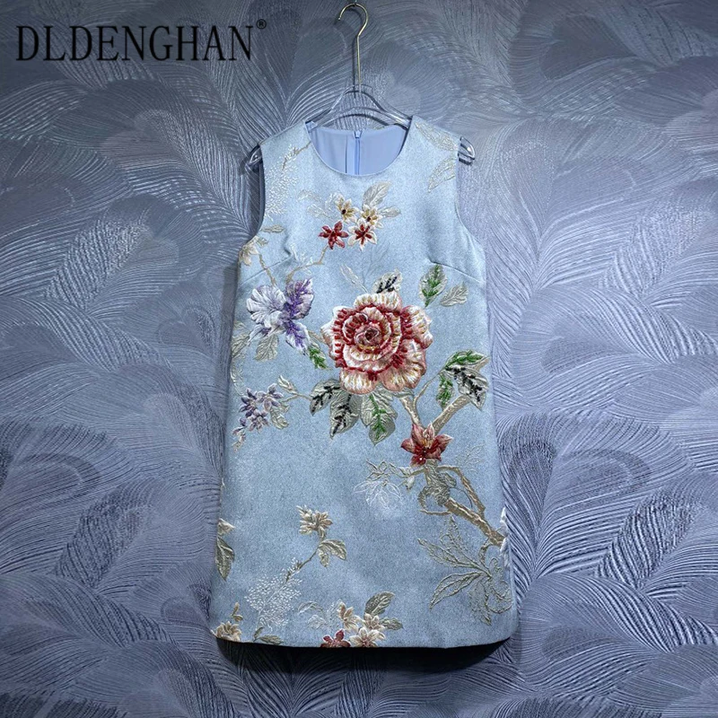 

DLDENGHAN Autumn Beading Dress Women's O-Neck Sleeveless Jacquard Vintage Mini Dresses Fashion Designer