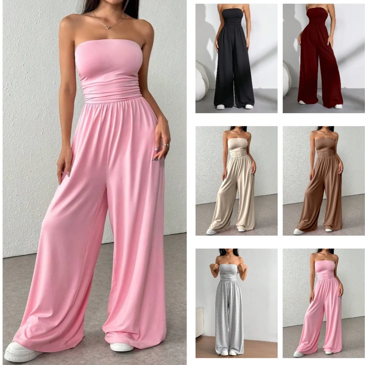 

Весенний женский комбинезон без бретелек с широкими штанинами, высокой талией, полной длиной, из полиэстера, в повседневном уличном стиле