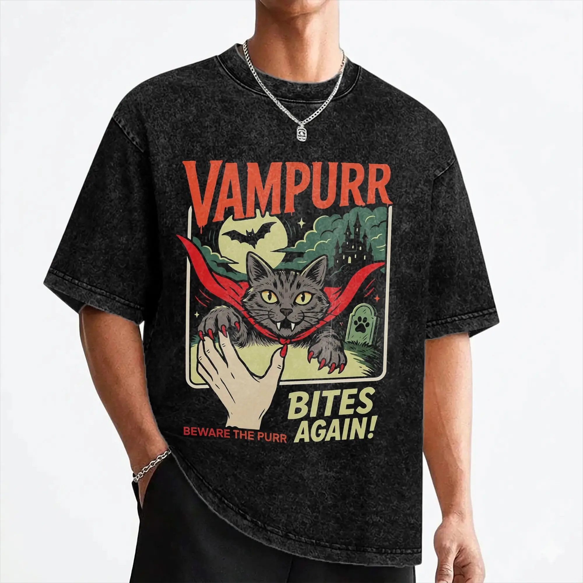 Vampurr Bites Again Halloween Vampire Cat Washed T Shirts Streetwear  T-Shirts Tees for Men Women Short Sleeve Harajuku Printed