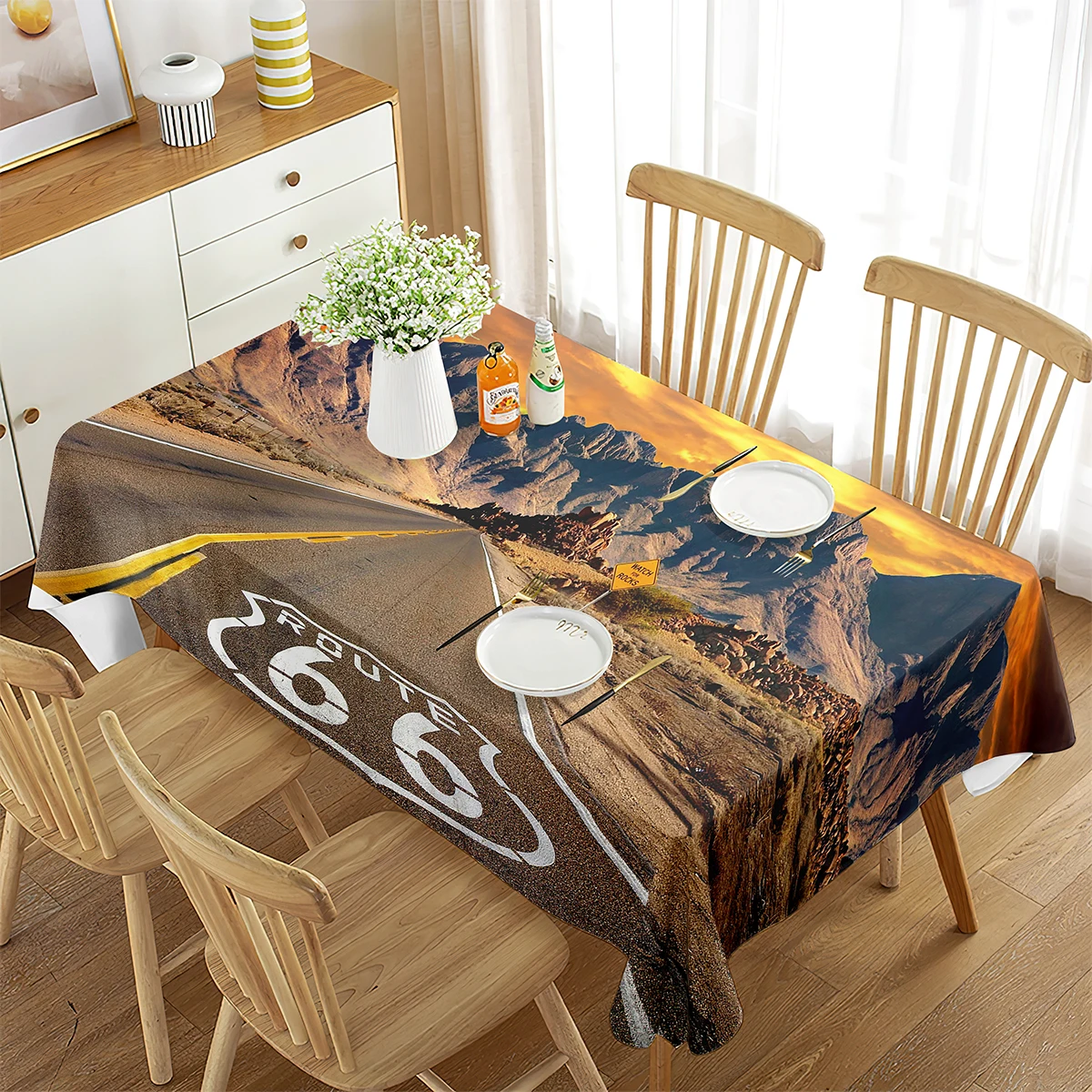 Rectangular Tablecloth US Route 66 Retro Style Natural Landscape Decor   for Kitchen Dining Room Decoration