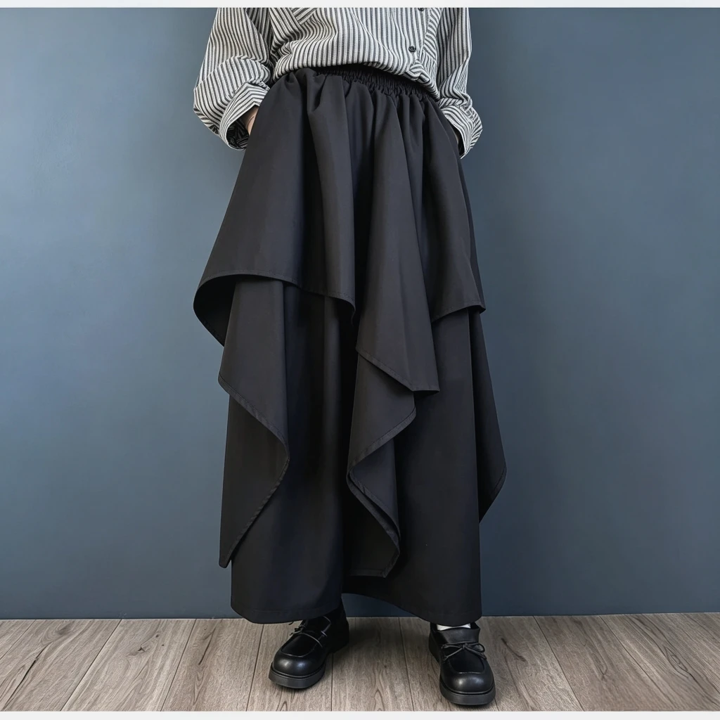 SuperAen Design Black Asymmetrical Elastic Waist A-line Skirt 2026 Spring and Autumn New Casual Design High-waisted Long Skirts