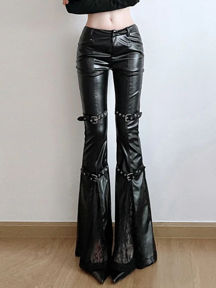 

Кружевные лоскутные слегка расклешенные черные кожаные брюки с разрезом, женские кожаные брюки с пряжкой и ремешком, модные узкие длинные брюки, весна