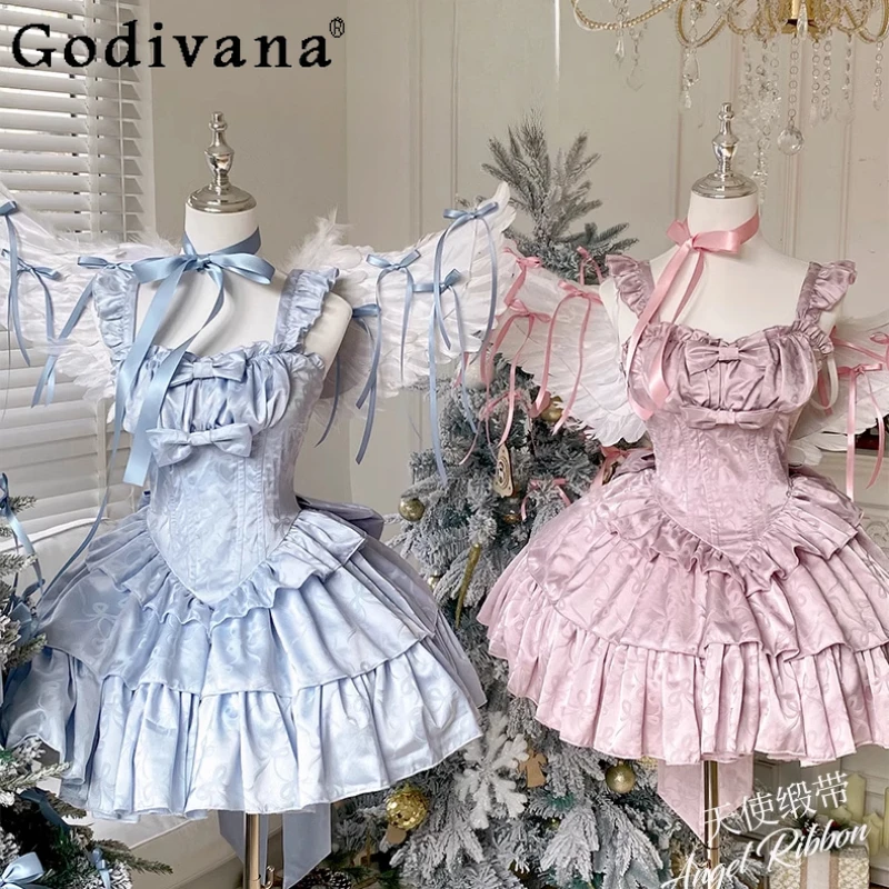 

Blue Pink Lolita Dress Female Cute Sweet Girl Bow Slim-Fit Elegant Short Suspender Dress Ladies Party Evening Dresses Vestidos