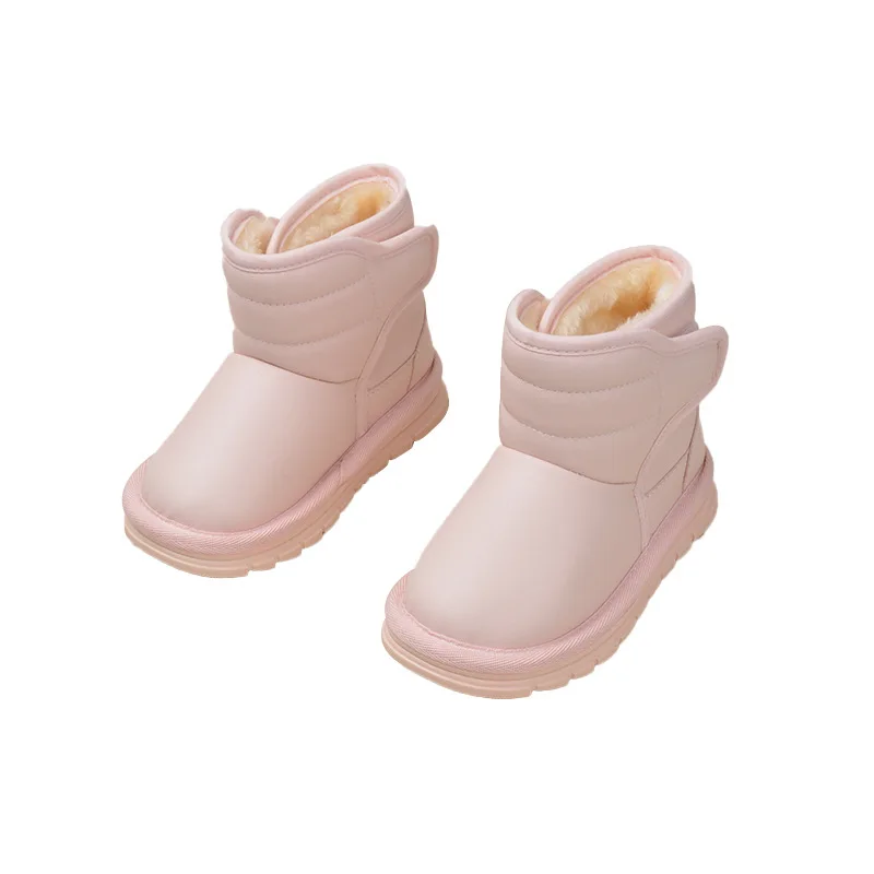

New Winter Kids PU Snow Boots: Black Casual Fleece-Lined Warm Cotton Footwear Soft-Soled for Boys & Toddler Girls 22-27