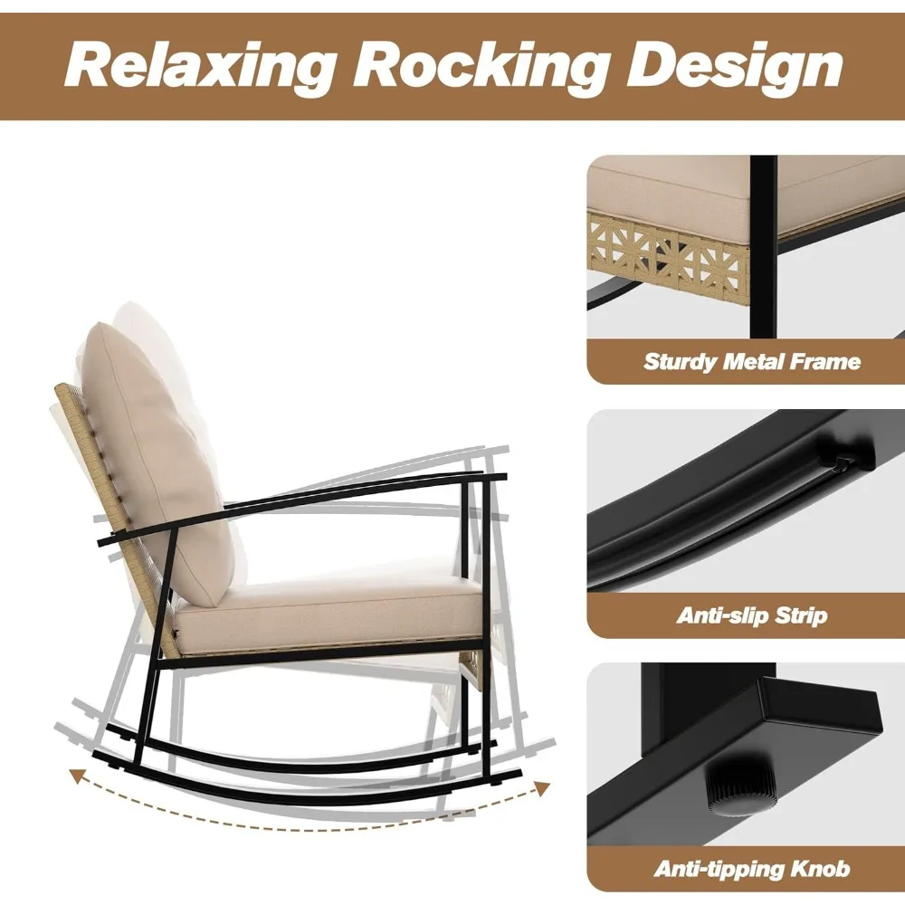 3ピース屋外ロッキングビストロセット、籐製パティオ屋外家具、ポーチチェア、ガラス製コーヒーテーブル付き会話セット。