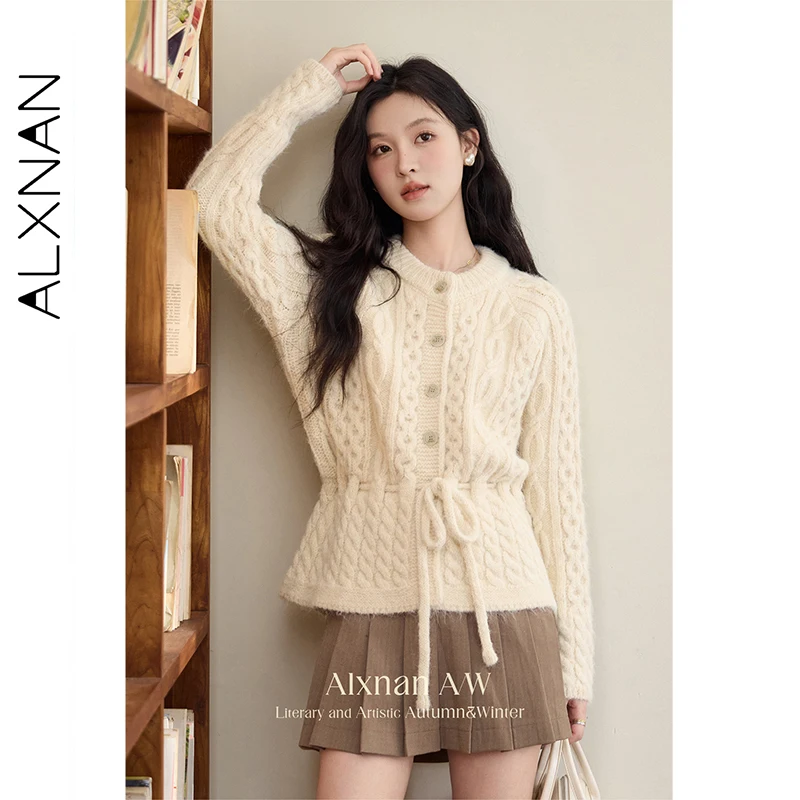 ALXNAN 살구색 울 가디건 여성 루즈핏 라운드넥 2025 가을 겨울 스웨터 신상 긴팔 니트 가디건 여성용 L51903