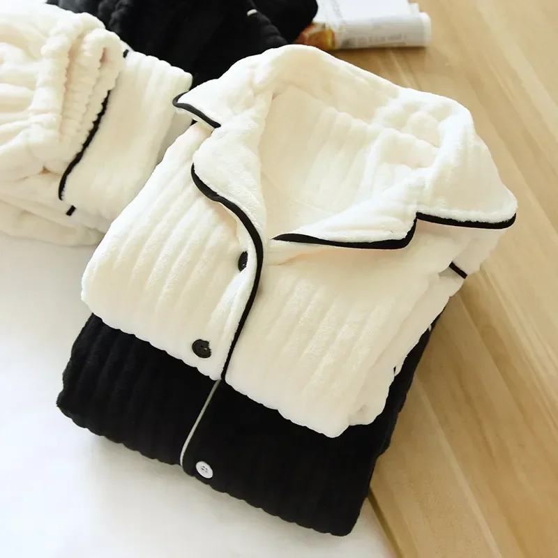 

Warm Coral Fleece Autumn Winter Pajamas Women New Flannel Thickening Couple Long-Sleeved Lapel Home Service Men's Sleepwear Suit