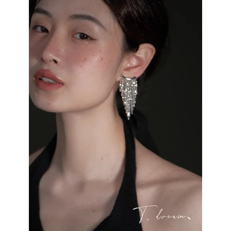 

Small face super flash tassel niche design advanced new earrings stud earrings