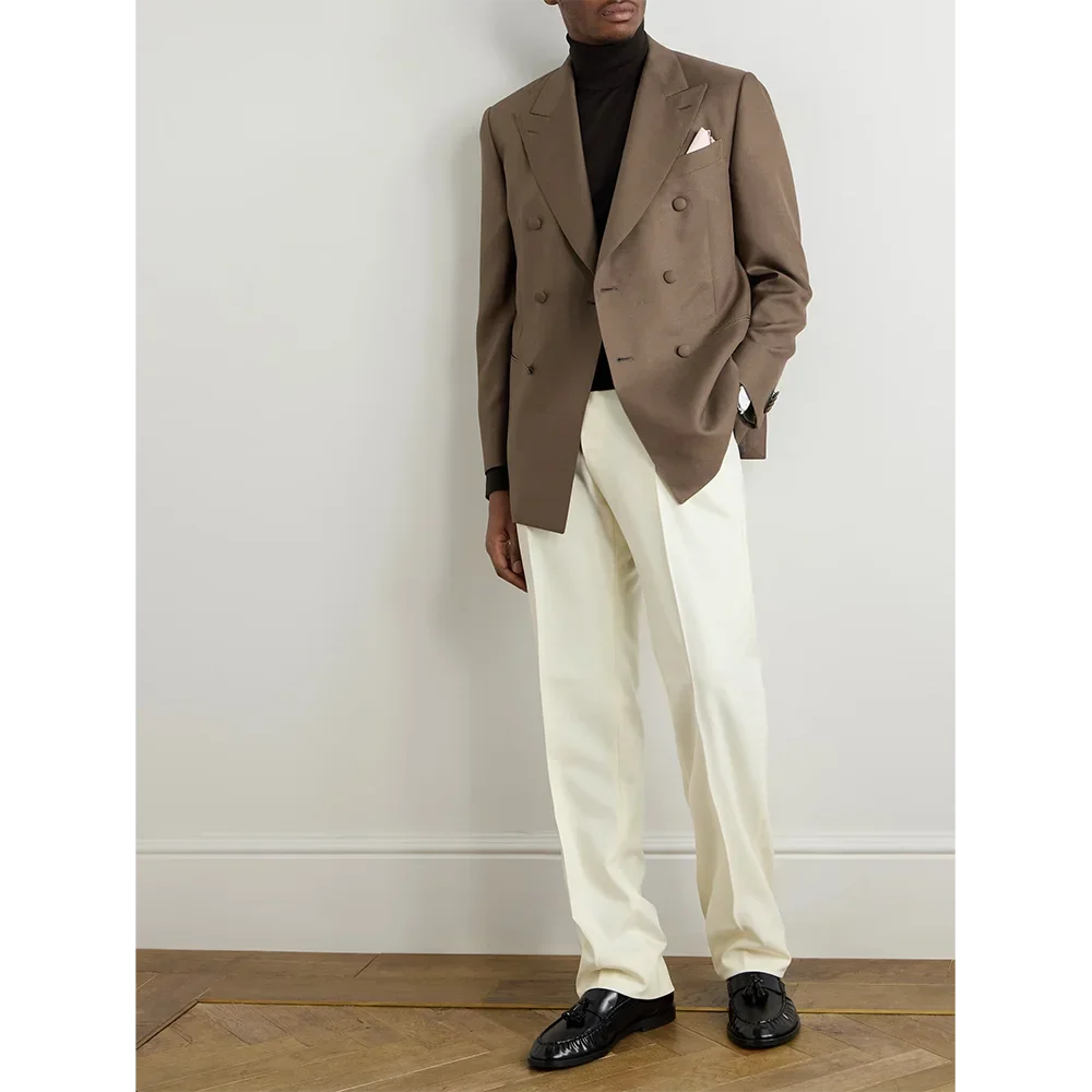 

Шикарные мужские костюмы для свадьбы, жениха, деловая одежда, мужская одежда на заказ, смокинги, вечерние костюмы с остроконечными лацканами, официальная коричневая куртка, белые брюки