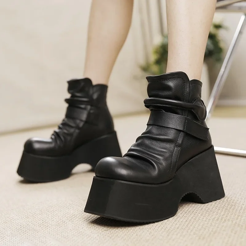 Birkuir Retro Super HIgh Heel Plush Snow Boots Women Genuine Leather Pleated Platform 10cm Thick Heel Hook Loop Wedges Boots