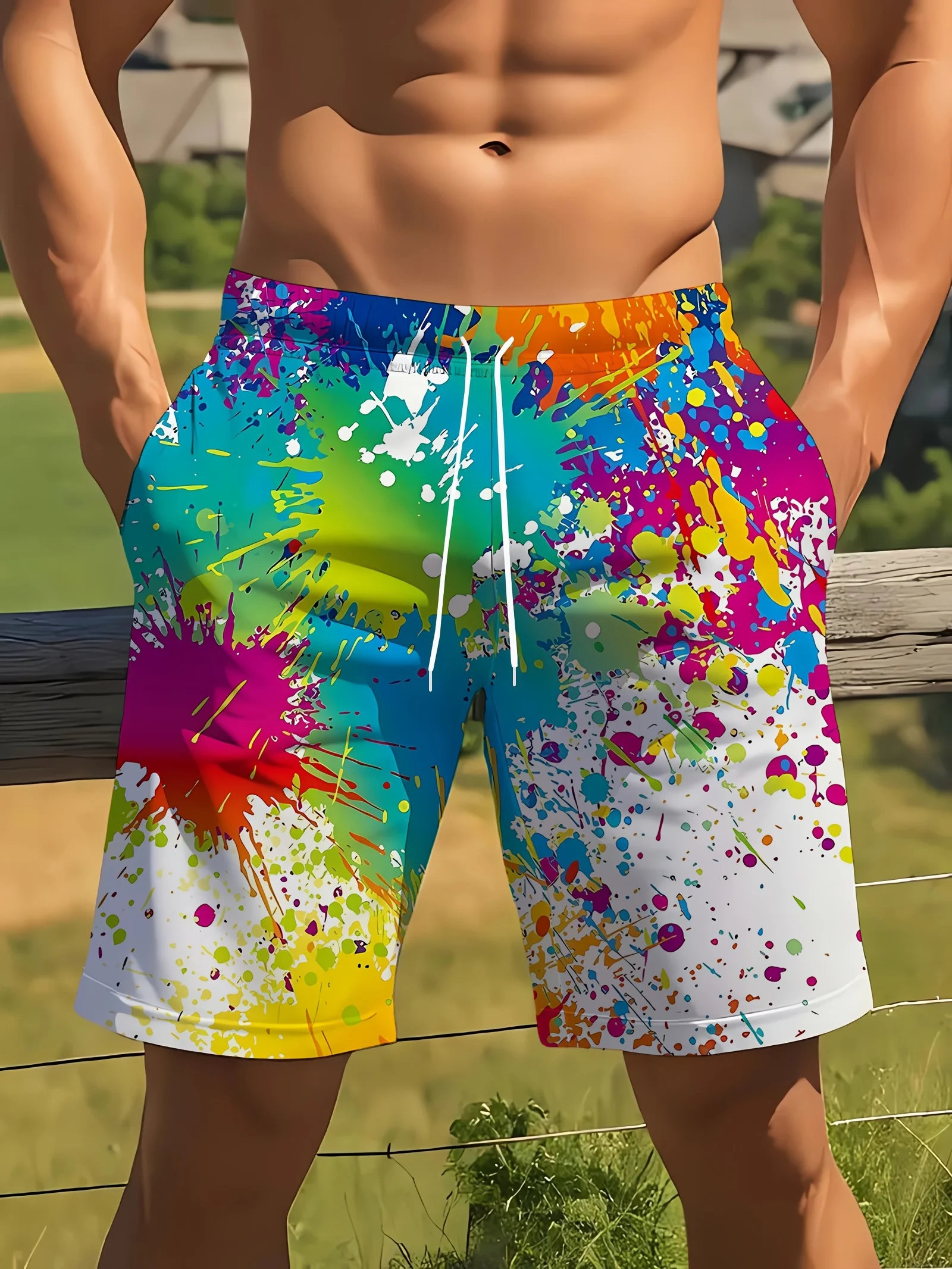 Men's Summer Quick Dry Swim Shorts, Multicolor Paint Splatter Graffiti Print Drawstring Beach Board Shorts with Pockets