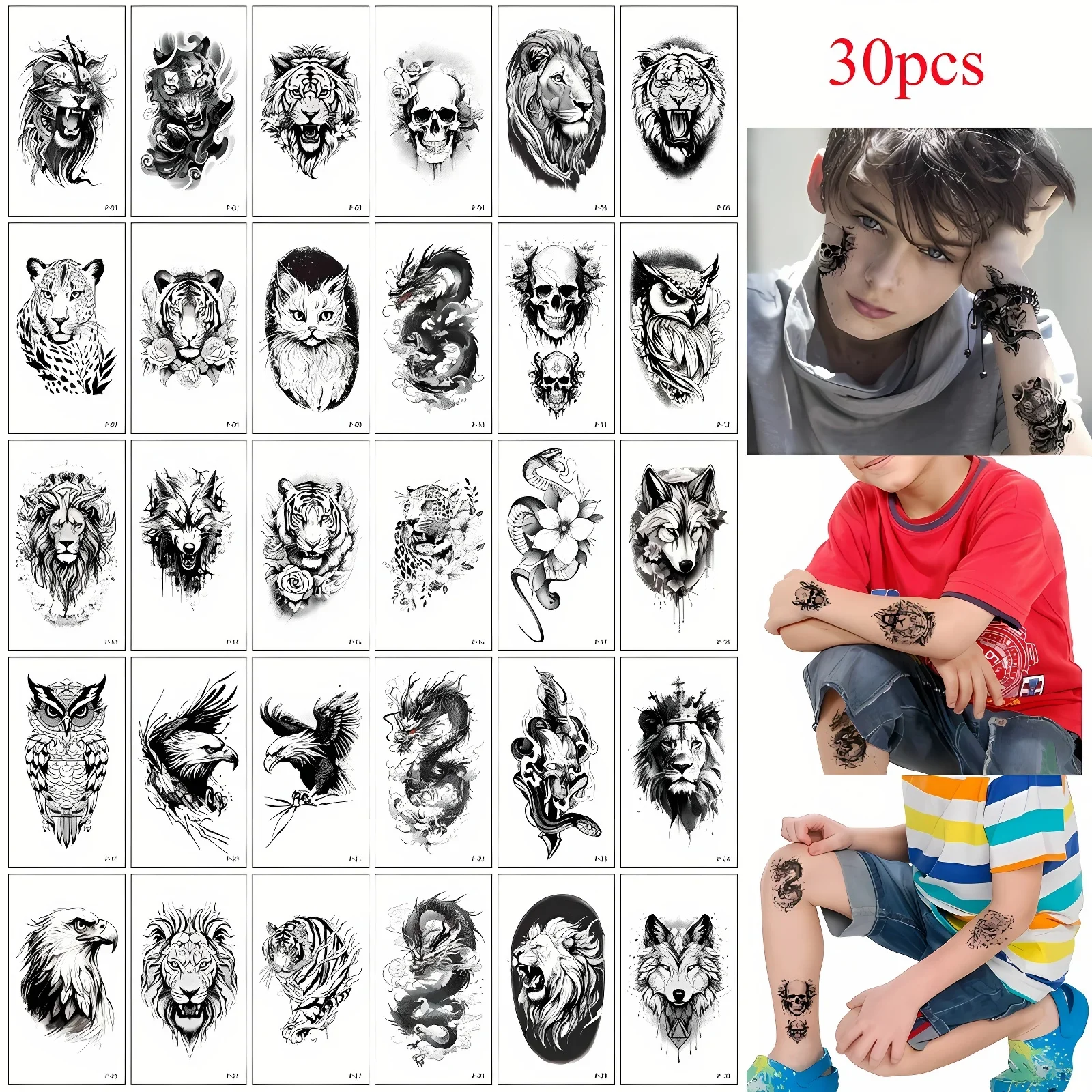 30pcs/set Fake Animal Tatoo Cool Lion Tiger Leopard Wolf Disposable Tattoo Sticker for Men Adults Hand Shoulder tatouage homme