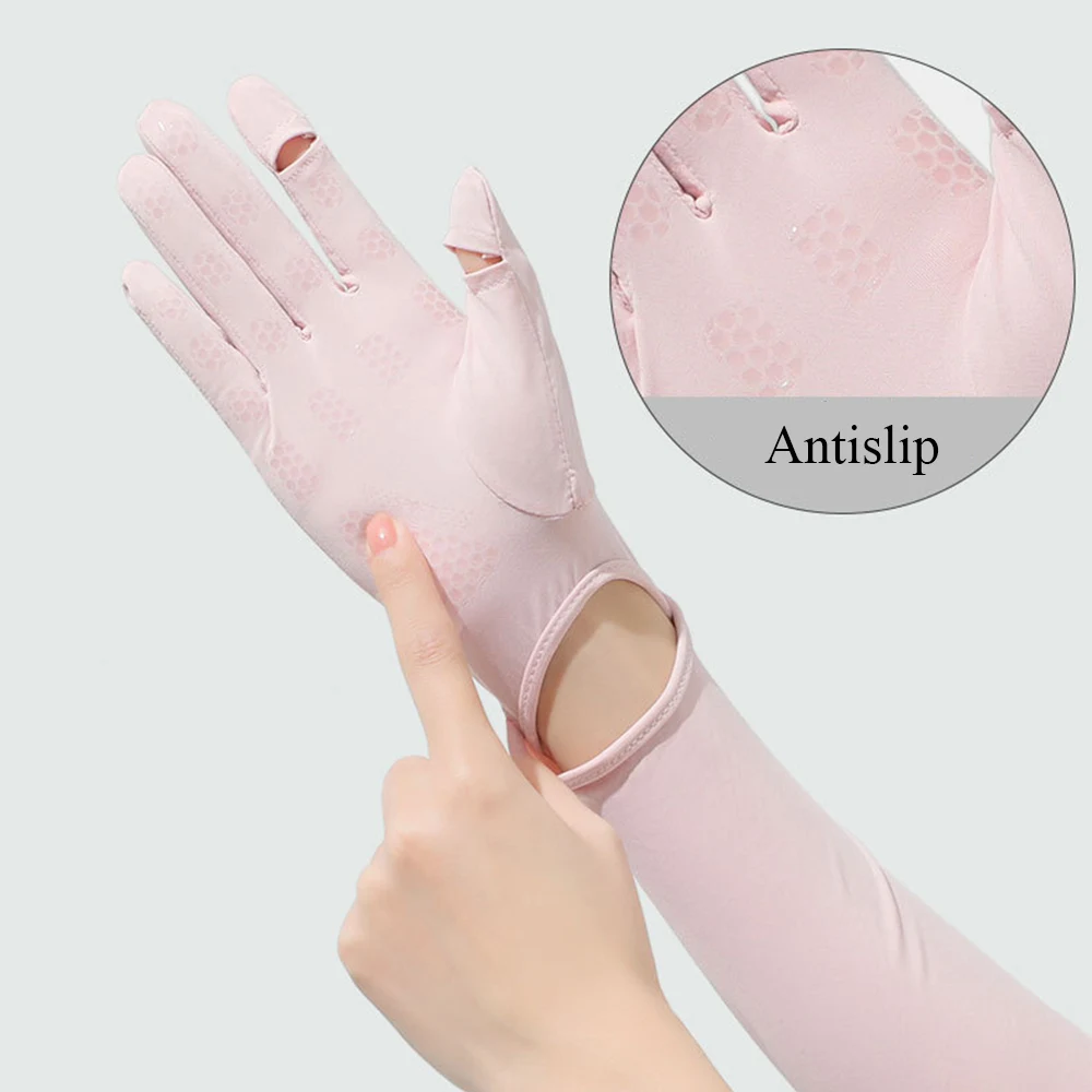 Summer UV Protection Long Arm Sleeve With Full Finger Gloves For Women Ice Silk Sunscreen Arm Cover Outdoor Riding Long Gloves