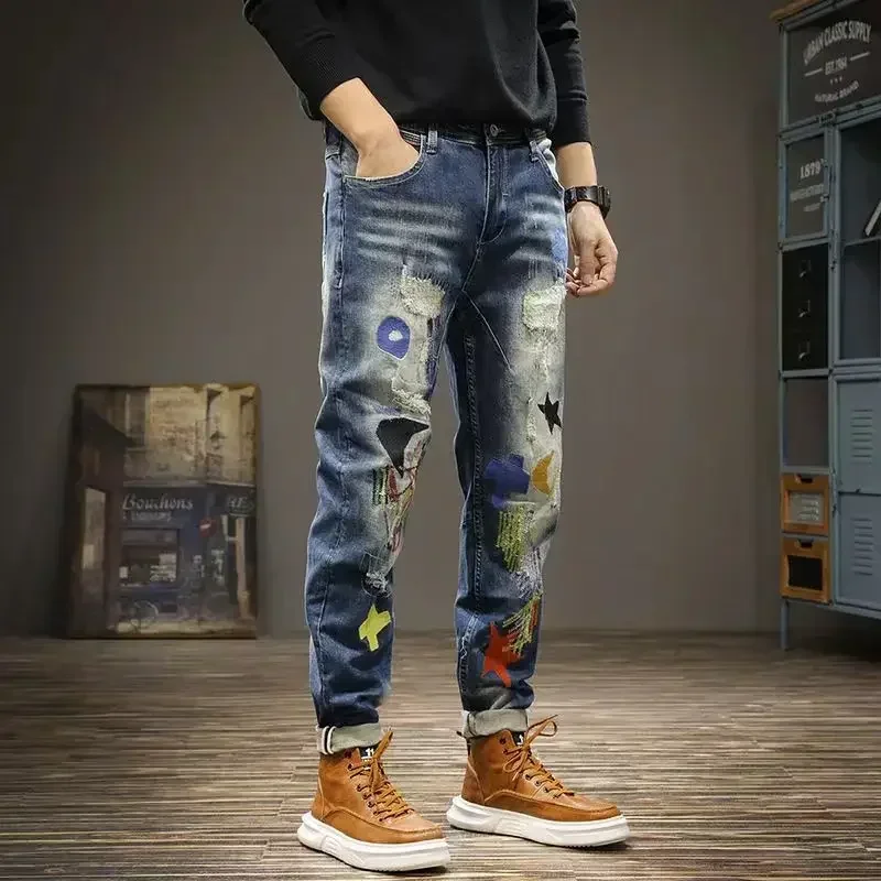 

Men's Jeans Embroidery Star Trousers Broken Tight Man Cowboy Pants Pipe Slim Fit Ripped Skinny Graphic Torn with Holes Xs Cotton