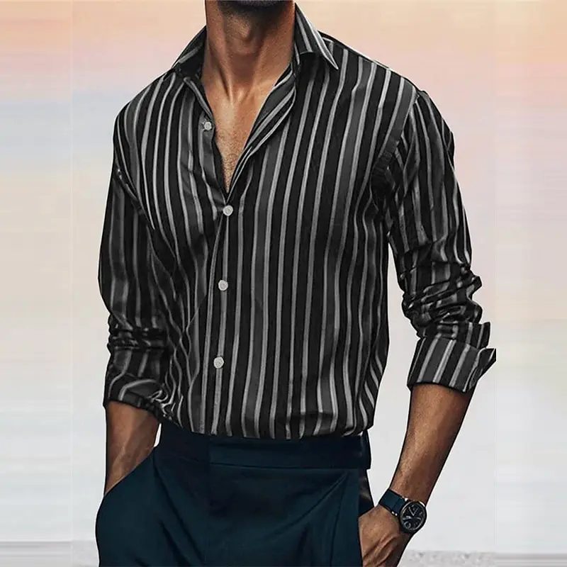 Men's striped shirt fashionable casual outdoor long sleeved lapel button soft and comfortable material new style