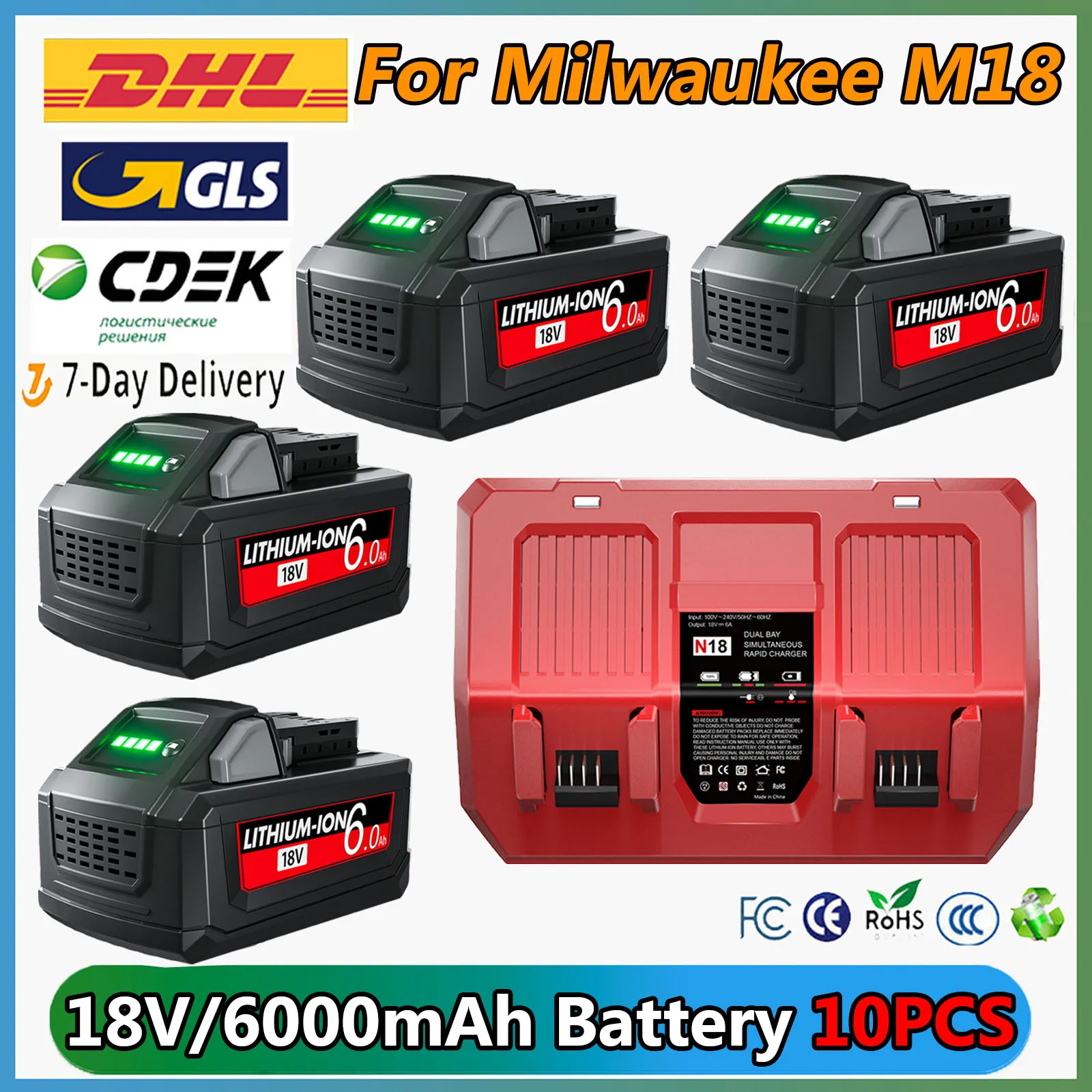 Per Milwaukee M18 6000mAh 18V Li-Ion Batteria Ricaricabile M18B5-XC Per Milwaukee 18V Strumento 6.0Ah Batteria di Ricambio 6A Caricatore