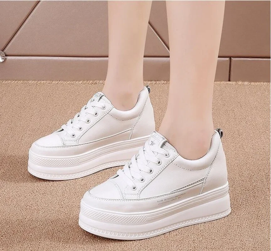 New 7cm GENUINE LEATHER Women Casual Shoes White Platform Wedge Hidden Heel Shoes White Shoes Chunky Sneakers Skateboard