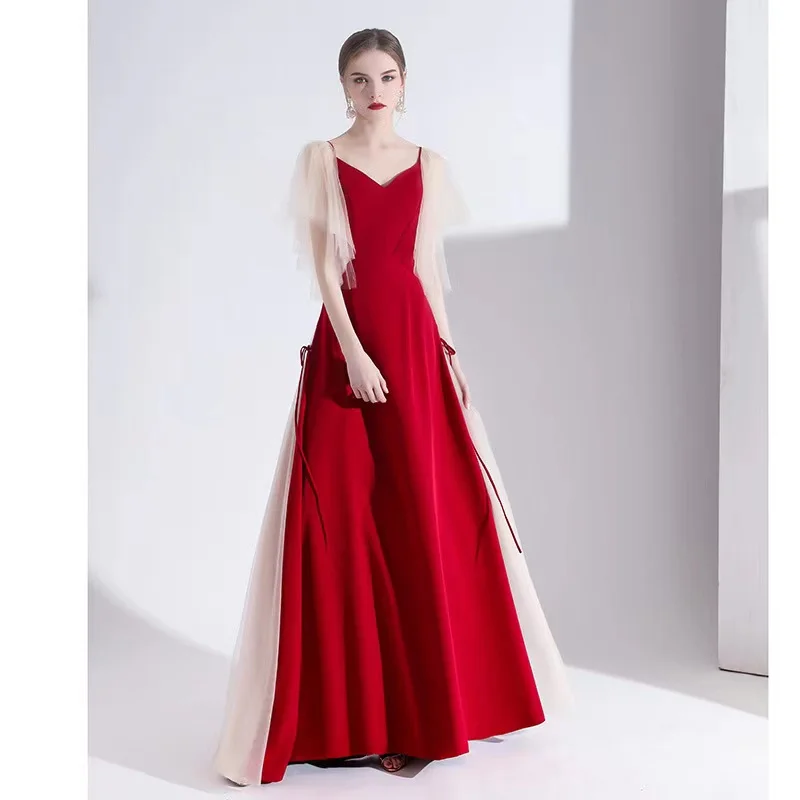 

Burgundy Mesh Evening Dresses For Women Casual V-neck A Line Floor-Length Lace Up Elegant Black Formal Party Banquet Ball Gowns