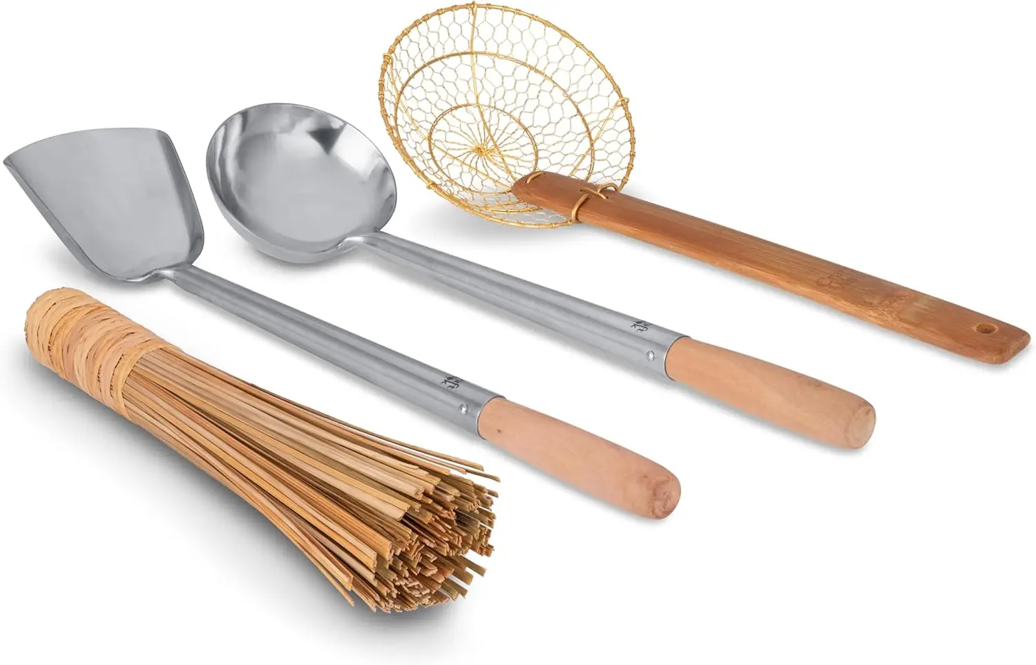 

4-Piece Asian Wok Utensil Set with Wooden Handles: Ladle, Spatula, Strainer, Brush