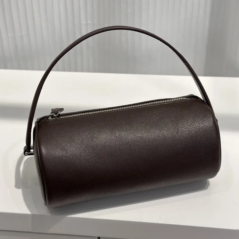 

Cylinder Handbag Full Leather Inside and Out Niche New Design Old Money Style Simple Retro Leather Women's Bag Casual Versatile