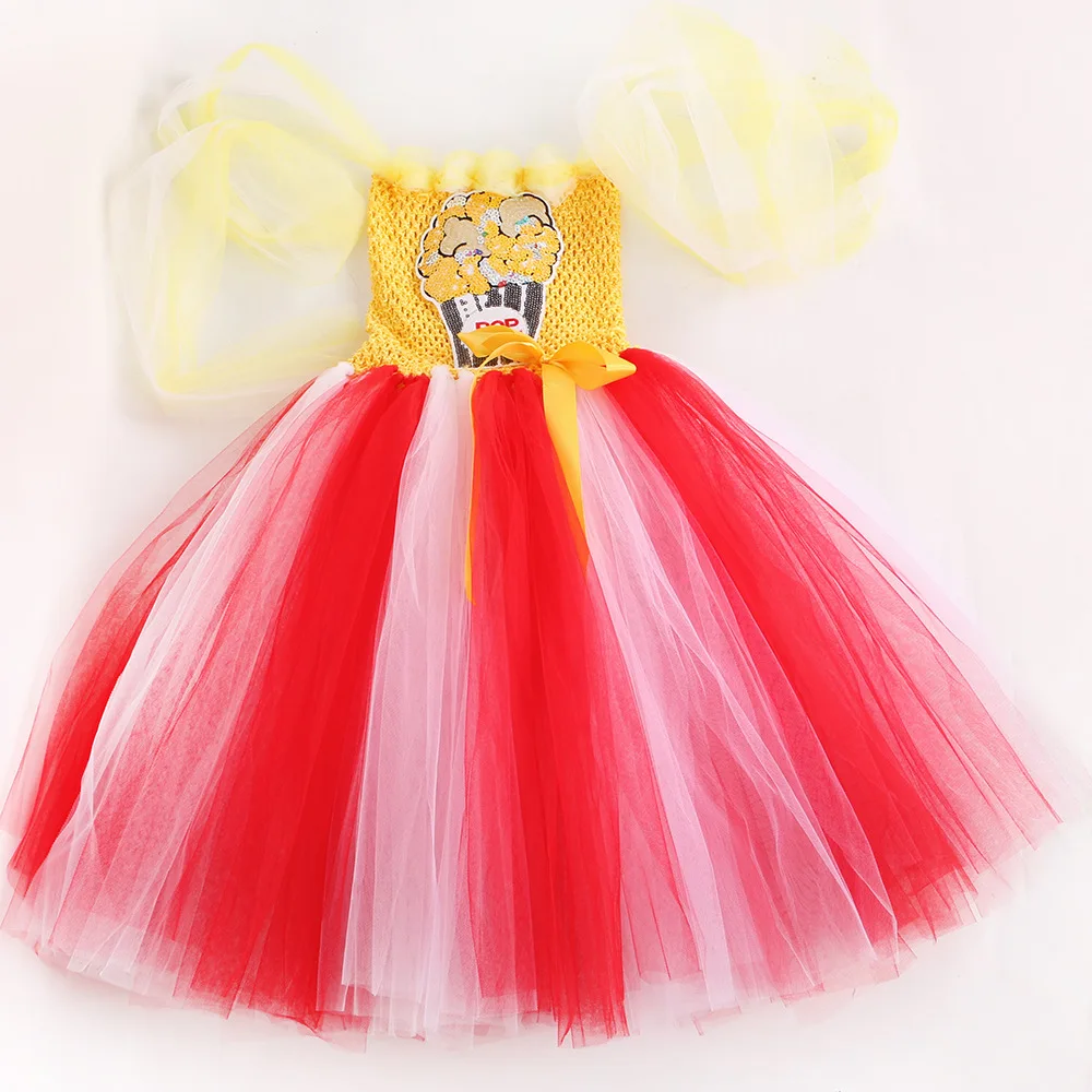 Popcorn Long Tulle Princess Tutu Dress Soft Mesh Gown Halloween Carnival Birthday Stage Elegant Festive Party Performance Outfit